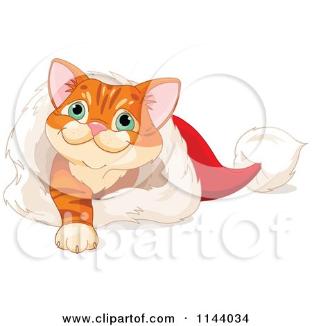 Cartoon Of A Cute Ginger Kitten Playing In A Santa Hat - Royalty Free Vector Clipart by Pushkin
