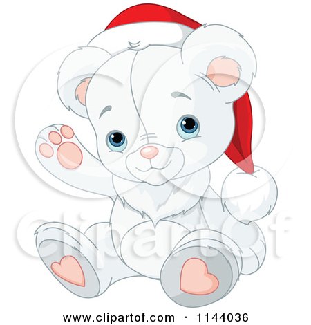 Cartoon Of A Cute Christmas Teddy Polar Bear Waving And Wearing A Santa Hat - Royalty Free Vector Clipart by Pushkin