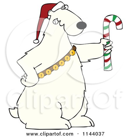 Cartoon Of A Christmas Polar Bear Holding A Candy Cane And Wearing A Santa Hat And Bells - Royalty Free Vector Clipart by djart