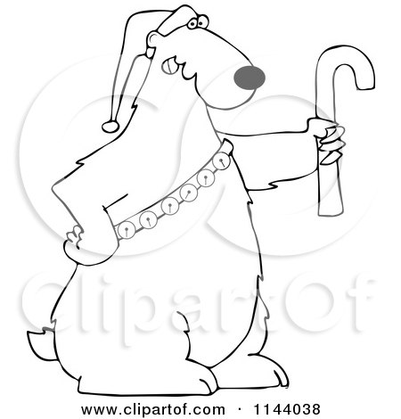 Black And White Cartoon Of An Outlined Christmas Polar Bear Holding A Candy Cane And Wearing A Santa Hat And Bells - Royalty Free Vector Coloring Page Clipart by djart