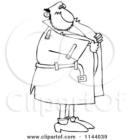 Black And White Cartoon Of An Outlined Flasher Man Holding Onto His Coat - Royalty Free Vector Coloring Page Clipart by djart