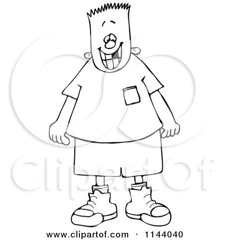 Cartoon Of A Black And White Outlined Grinning Boy With A Missing Tooth - Royalty Free Vector Coloring Page Clipart by djart