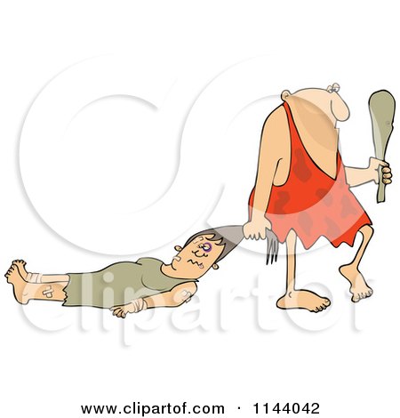 Cartoon Of A Abusive Caveman Dragging A Battered Woman By Her Hair - Royalty Free Vector Clipart by djart