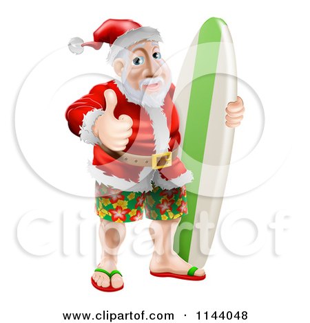 Clipart of a Thumb up Summer Santa with Shorts Sandals and a Surf Board - Royalty Free Vector Illustration by AtStockIllustration