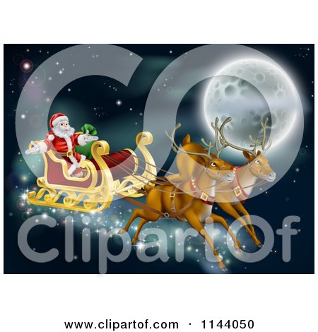 Clipart of Santas Magic Reindeer and Sleigh Flying near the Moon on Christmas Eve - Royalty Free Vector Illustration by AtStockIllustration