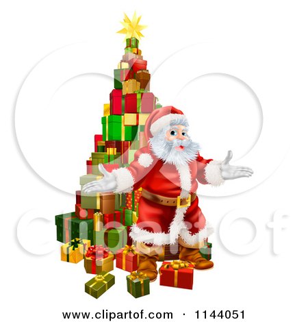 Clipart of a Welcoming Santa Standing in Front of a Stack of Presents - Royalty Free Vector Illustration by AtStockIllustration