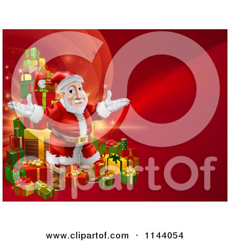 Clipart of a Red Christmas Background with Santa and a Tower of Presents - Royalty Free Vector Illustration by AtStockIllustration