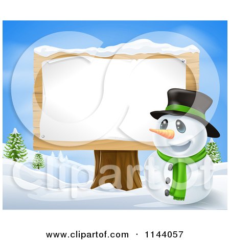 Clipart of a Happy Christmas Snowman in a Top Hat by a Wood Sign Post - Royalty Free Vector Illustration by AtStockIllustration