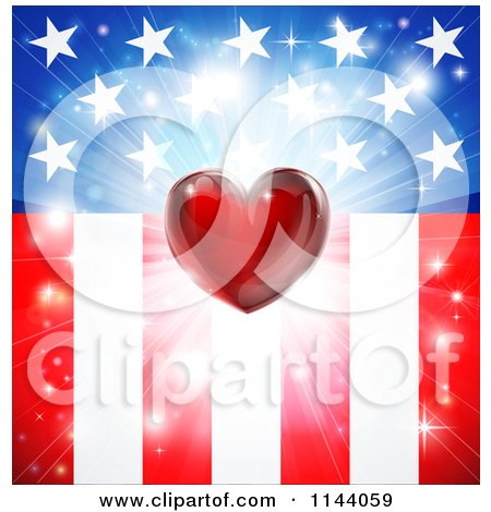 Clipart of a Red Heart and Burst over American Stars and Stripes Flag - Royalty Free Vector Illustration by AtStockIllustration