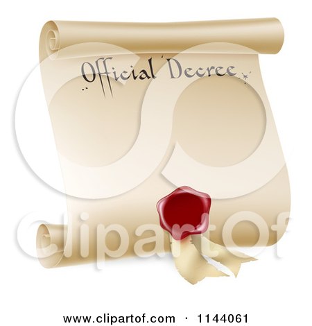 Clipart of a Paper Scroll Official Decree and Red Wax Seal - Royalty Free Vector Illustration by AtStockIllustration