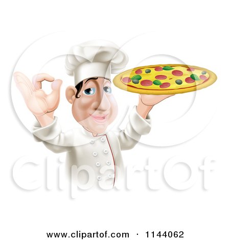 Clipart of a Pleased Chef Gesturing Ok and Holding a Pizza - Royalty Free Vector Illustration by AtStockIllustration