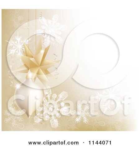 Clipart of a Golden Christmas Bauble And Snowflake Background With Copyspace - Royalty Free Vector Illustration by AtStockIllustration