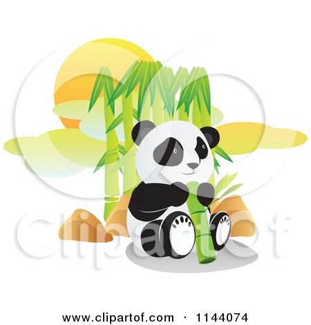 Cartoon of a Cute Panda Eating in Front of Bamboo - Royalty Free Vector Clipart by YUHAIZAN YUNUS