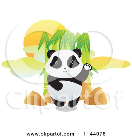 Cartoon of a Cute Panda Waving by Bamboo - Royalty Free Vector Clipart by YUHAIZAN YUNUS