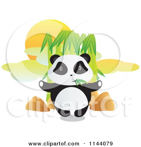 Cartoon of a Cute Panda Standing and Eating Bamboo - Royalty Free Vector Clipart by YUHAIZAN YUNUS