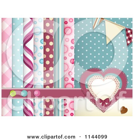 Clipart of a Scrapbooking Background of Layered Papers Hearts Banners and Buttons - Royalty Free Vector Illustration by elaineitalia