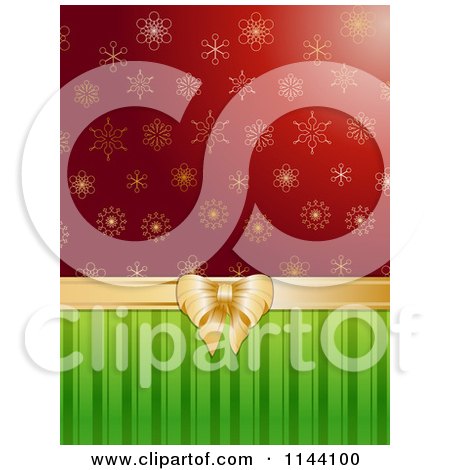 Clipart of a Christmas Gift Background of Red Snowflakes and Green Stripes with a Bow - Royalty Free Vector Illustration by elaineitalia