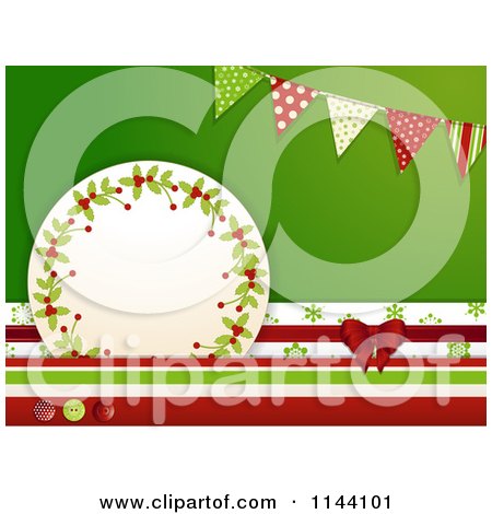 Clipart of a Christmas Tag with Stacked Papers a Bow Buttons and Banners - Royalty Free Vector Illustration by elaineitalia