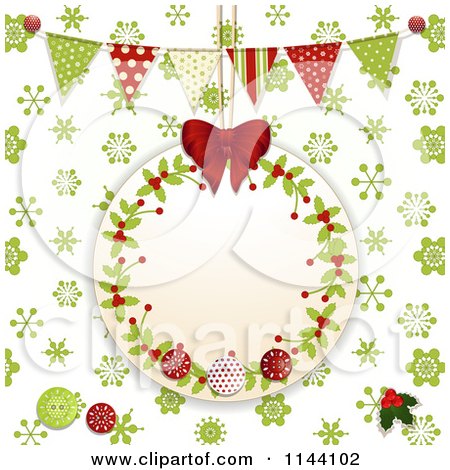 Clipart of a Christmas Tag over Green Snowflakes with Banners and Buttons - Royalty Free Vector Illustration by elaineitalia