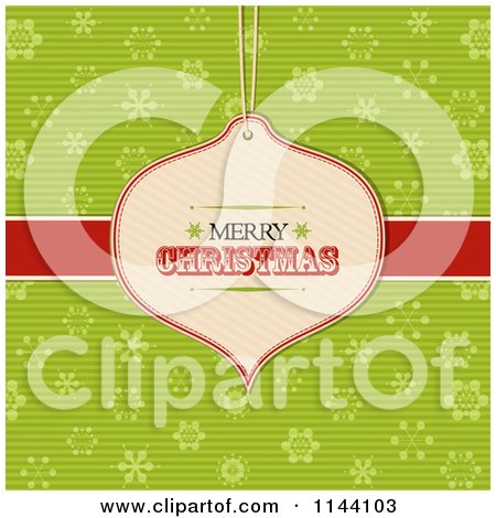 Clipart of a Merry Christmas Bauble Label over a Red Ribbon and Green Snowflakes - Royalty Free Vector Illustration by elaineitalia