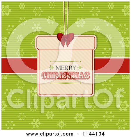 Clipart of a Merry Christmas Gift Label over a Red Ribbon and Green Snowflakes - Royalty Free Vector Illustration by elaineitalia