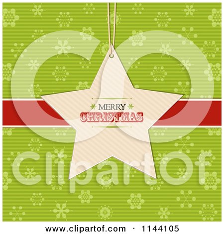 Clipart of a Merry Christmas Star Label over a Red Ribbon and Green Snowflakes - Royalty Free Vector Illustration by elaineitalia