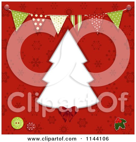 Clipart of a Christmas Tree Frame over Red Snowflakes with Buttons and Banners - Royalty Free Vector Illustration by elaineitalia