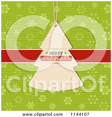 Clipart of a Merry Christmas Tree Label over a Red Ribbon and Green Snowflakes - Royalty Free Vector Illustration by elaineitalia