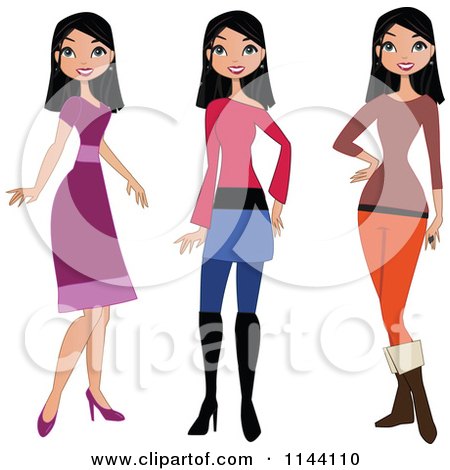 Cartoon of a Stylish Black Haired Woman Showin in Different Outfits - Royalty Free Vector Clipart by peachidesigns