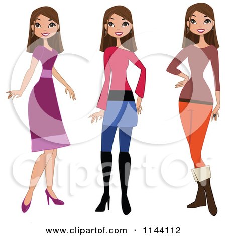 Cartoon of a Stylish Brunette Woman Showin in Different Outfits - Royalty Free Vector Clipart by peachidesigns