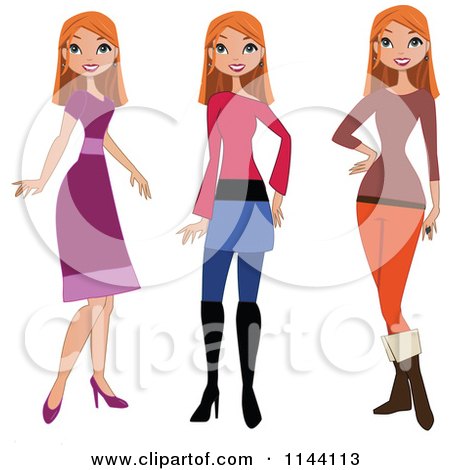 Cartoon of a Stylish Red Haired Woman Showin in Different Outfits - Royalty Free Vector Clipart by peachidesigns