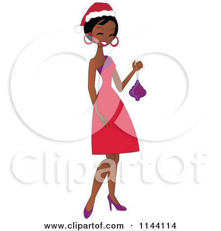 Cartoon of a Black Christmas Woman Holding a Bauble - Royalty Free Vector Clipart by peachidesigns