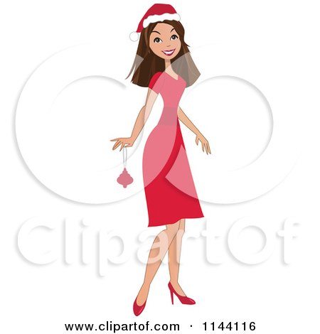 Cartoon of a Brunette Christmas Woman Holding a Bauble - Royalty Free Vector Clipart by peachidesigns
