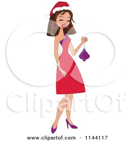 Cartoon of a Happy Brunette Christmas Woman Holding a Bauble - Royalty Free Vector Clipart by peachidesigns