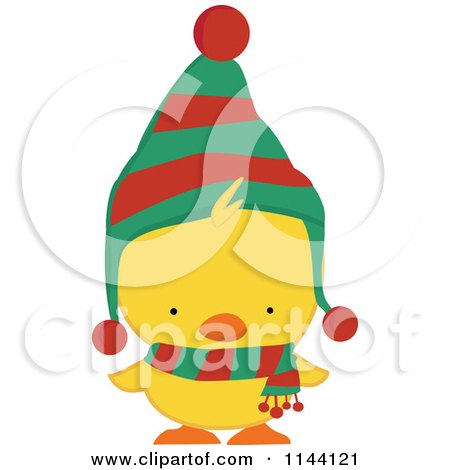 Cartoon of a Cute Christmas Duckling or Chick in a Scarf and Hat 1 - Royalty Free Vector Clipart by peachidesigns