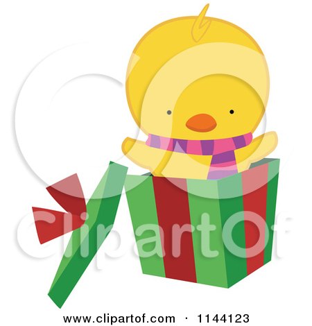 Cartoon of a Cute Christmas Duckling or Chick in a Gift Box - Royalty Free Vector Clipart by peachidesigns