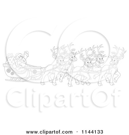 Cartoon of an Outlined Santa Waving from His Sleigh While Holding the Reins to His Reindeer - Royalty Free Clipart by Alex Bannykh