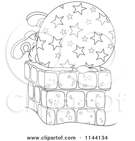Cartoon of an Outlined Santa and His Bag Getting Stuck in a Chimney - Royalty Free Vector Clipart by Alex Bannykh