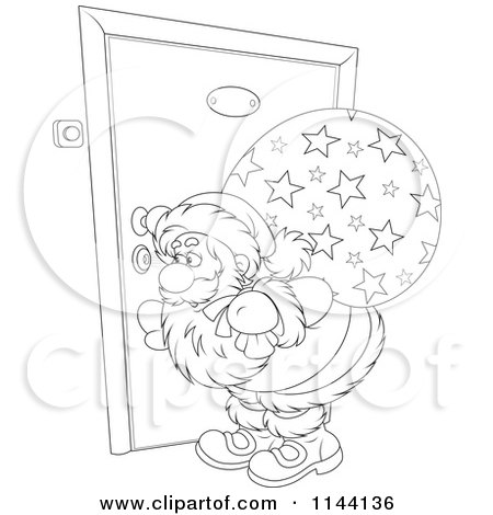 Cartoon of an Outlined Santa Peeking Through a Door Key Hole - Royalty Free Vector Clipart by Alex Bannykh