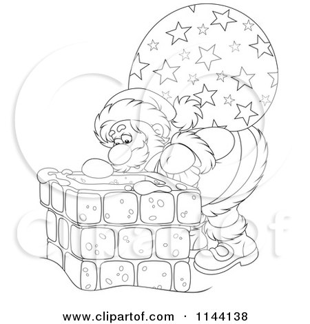 Cartoon of an Outlined Santa and His Bag Looking down a Chimney - Royalty Free Vector Clipart by Alex Bannykh