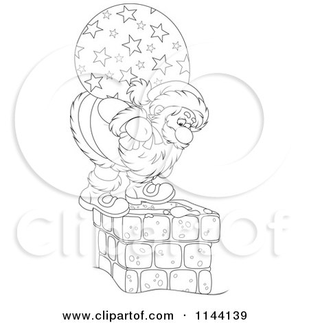 Cartoon of an Outlined Santa and His Bag Standing on and Looking down a Chimney - Royalty Free Vector Clipart by Alex Bannykh