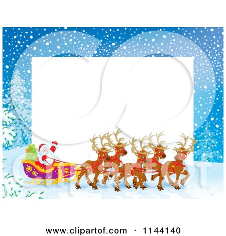 Cartoon of a Frame of Santa Waving from His Sleigh While Holding the Reins to His Reindeer - Royalty Free Clipart by Alex Bannykh