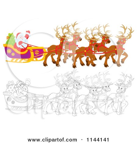 Cartoon of Outlined and Colored Santa Waving from His Sleigh While Holding the Reins to His Reindeer - Royalty Free Clipart by Alex Bannykh