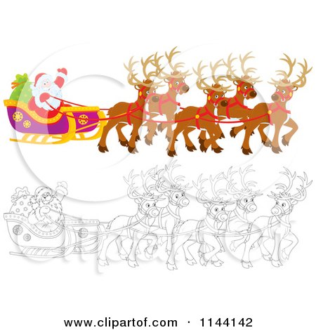 Cartoon of Outlined and Colored Magic Reindeer and Santa Waving from His Sleigh. - Royalty Free Vector Clipart by Alex Bannykh