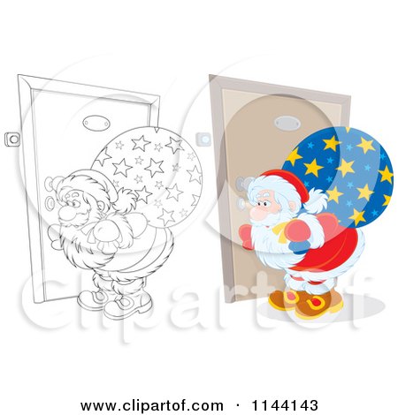 Cartoon of an Outlined and Colored Santa Peeking Through a Door Key Hole - Royalty Free Vector Clipart by Alex Bannykh