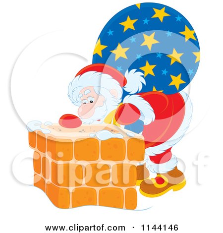 Cartoon of Santa with His Bag Looking down a Chimney - Royalty Free Vector Clipart by Alex Bannykh