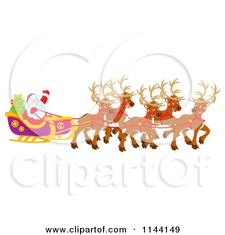 Cartoon of Santa Waving from His Sleigh While Holding the Reins to His Reindeer - Royalty Free Clipart by Alex Bannykh