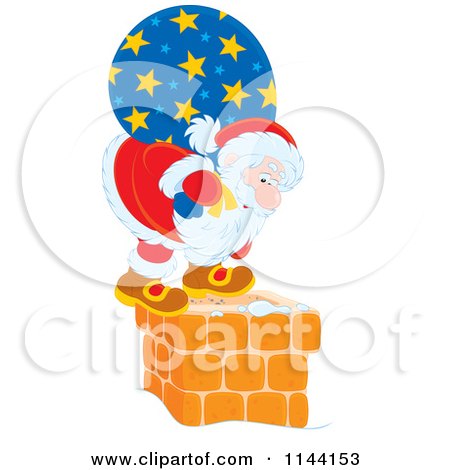 Cartoon of Santa with His Bag Standing on and Looking down a Chimney - Royalty Free Vector Clipart by Alex Bannykh