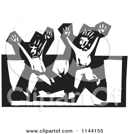 Clipart of a Black and White Scared Men Running Woodcut - Royalty Free Vector Illustration by xunantunich