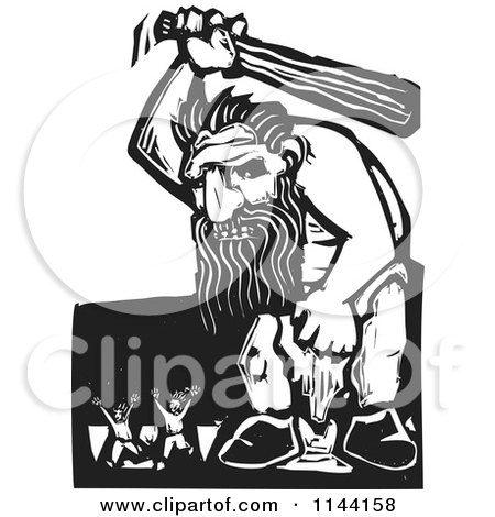 Clipart of a Black and White People Running from an Angry Troll with a Club Woodcut - Royalty Free Vector Illustration by xunantunich